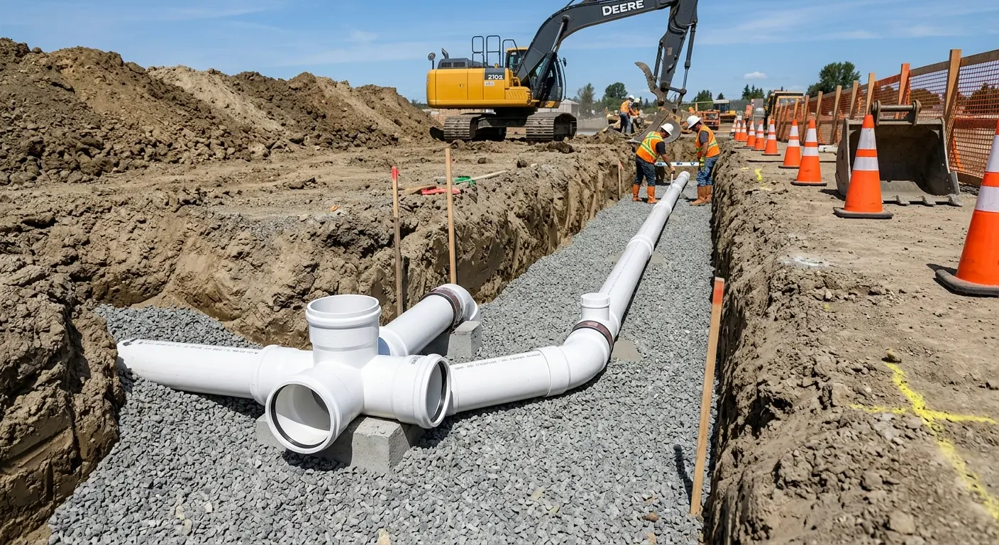 New PVC sewer pipe installation in open trench for Grease Trap Cleaning in Catoosa