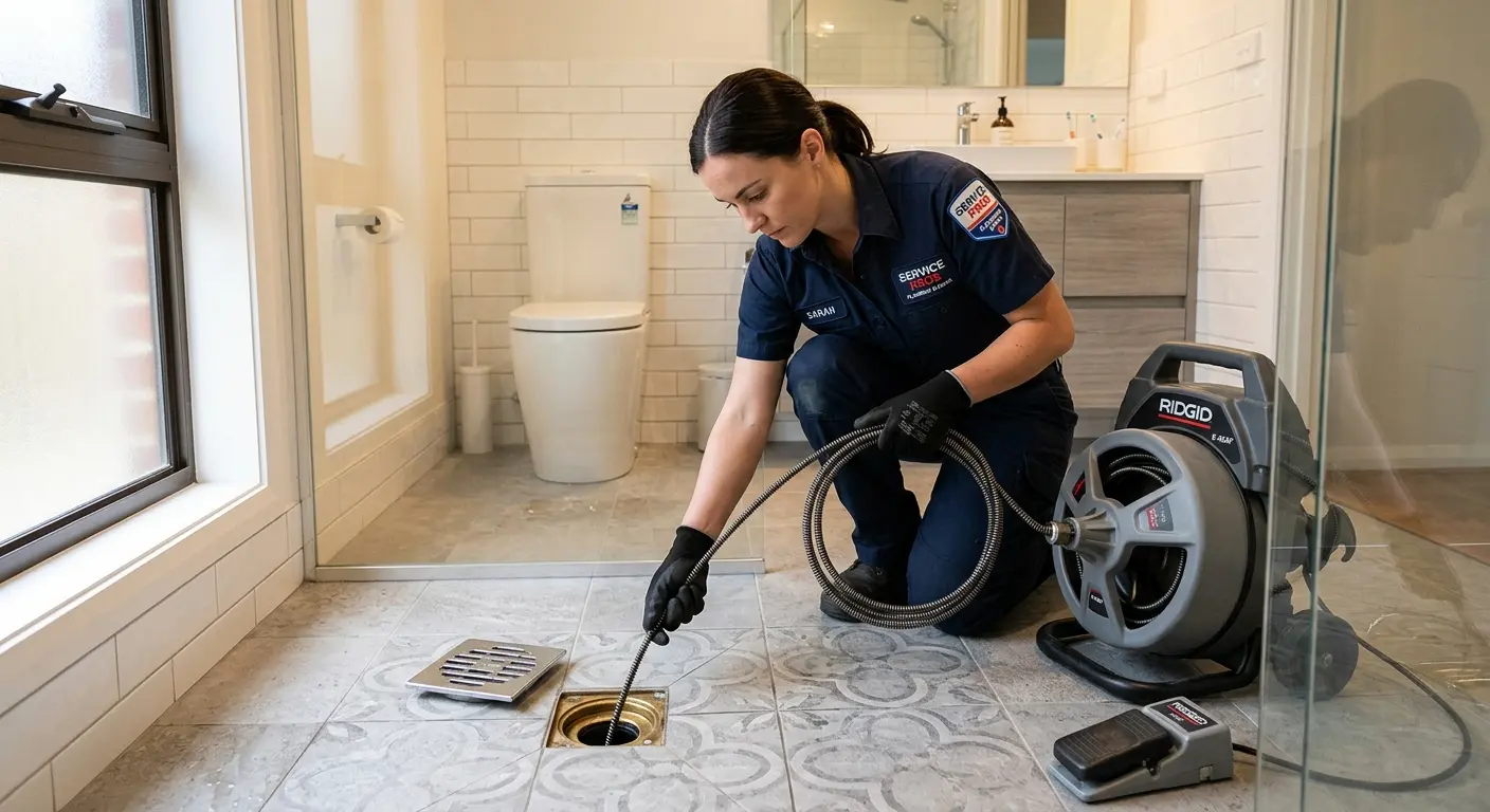 Technician clearing a bathroom floor drain for Drain Repair in Catoosa